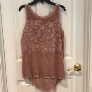 distressed pink flowy blouse with tie in back